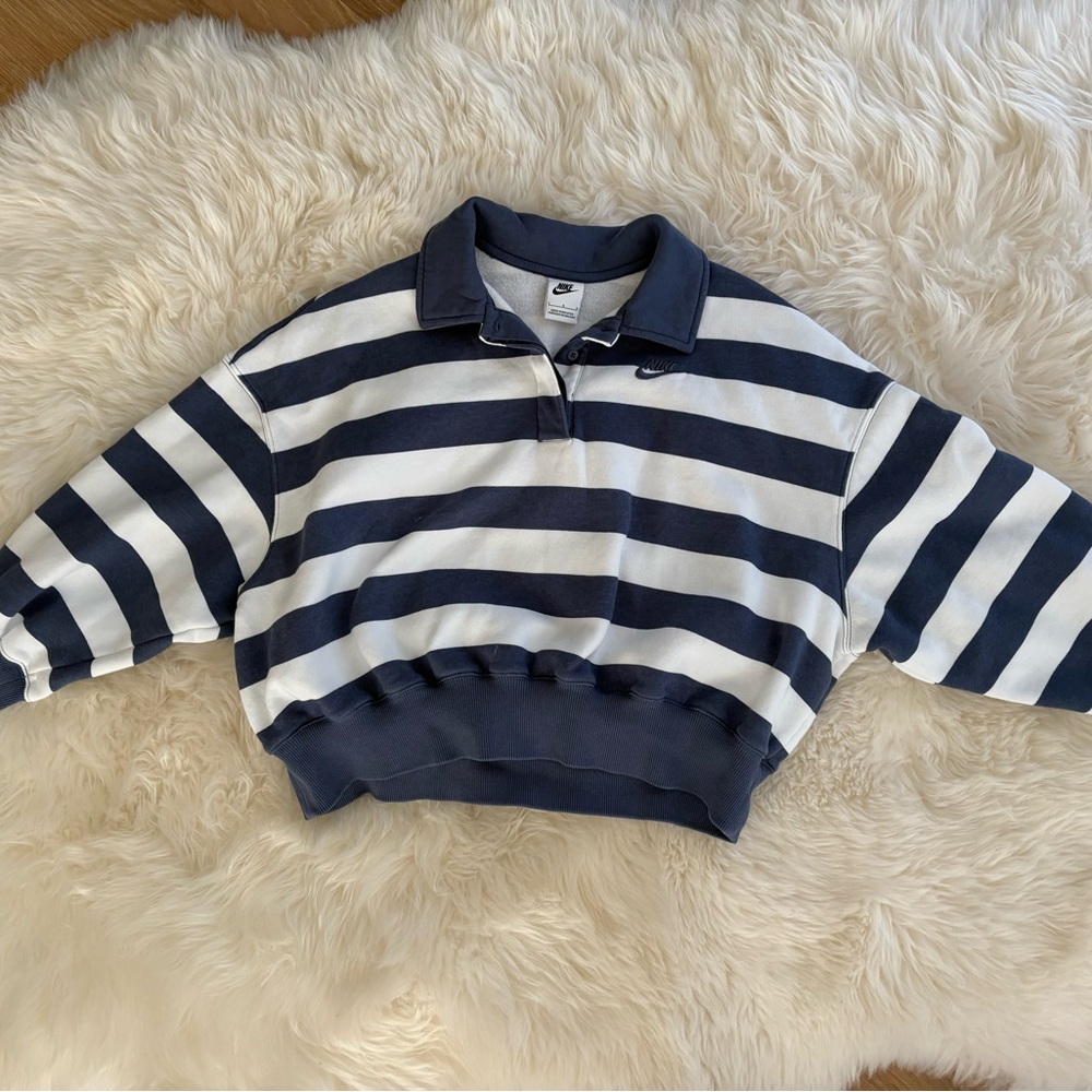 Nike Women's Phoenix Fleece Oversized 3/4-Sleeve Striped Crop Polo Blue